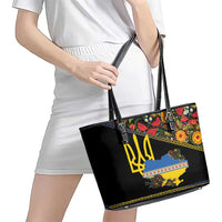 Petrykivka Ukrainian Folk Pattern Leather Tote Bag Golden Trident With Map