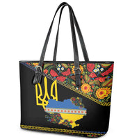Petrykivka Ukrainian Folk Pattern Leather Tote Bag Golden Trident With Map
