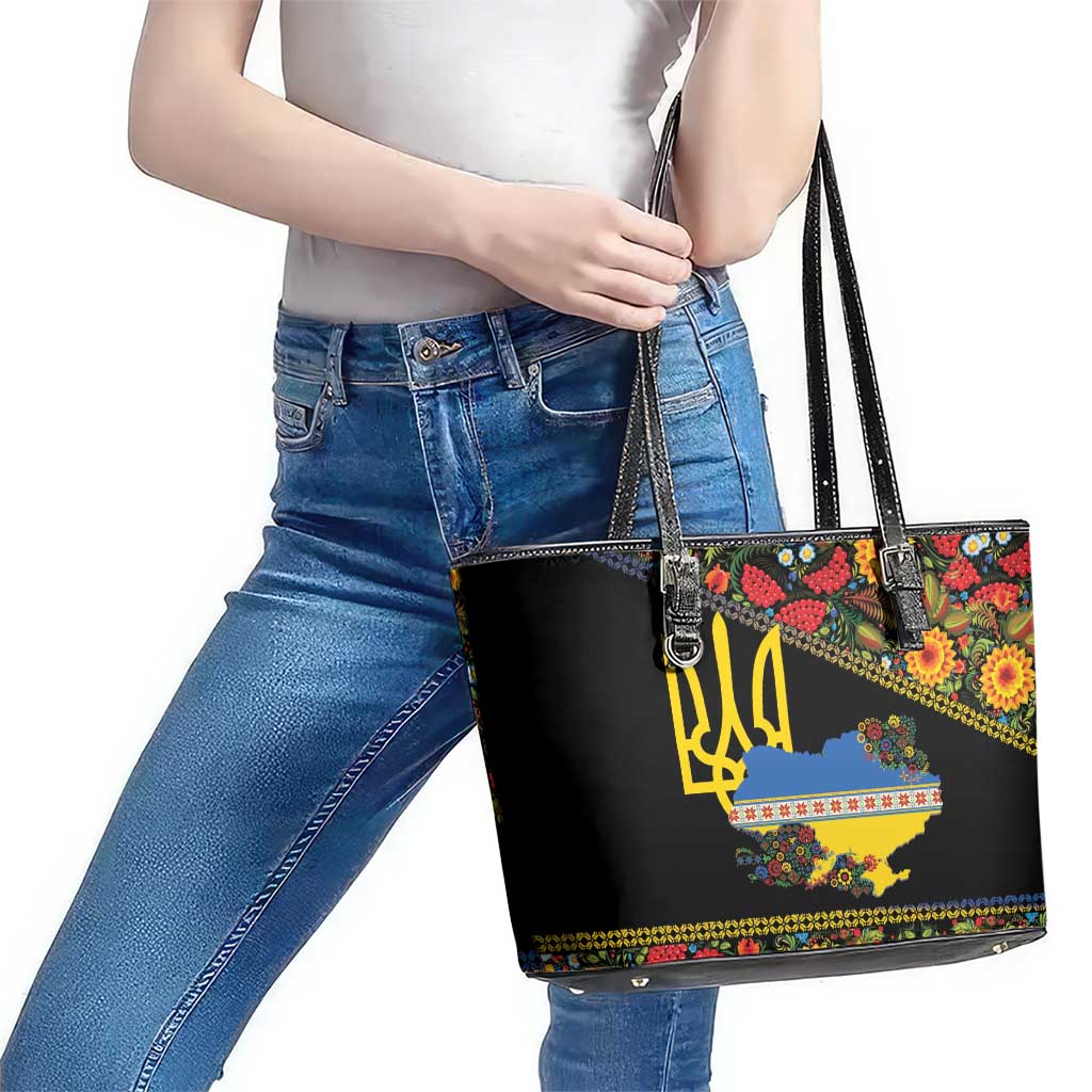 Petrykivka Ukrainian Folk Pattern Leather Tote Bag Golden Trident With Map