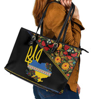 Petrykivka Ukrainian Folk Pattern Leather Tote Bag Golden Trident With Map