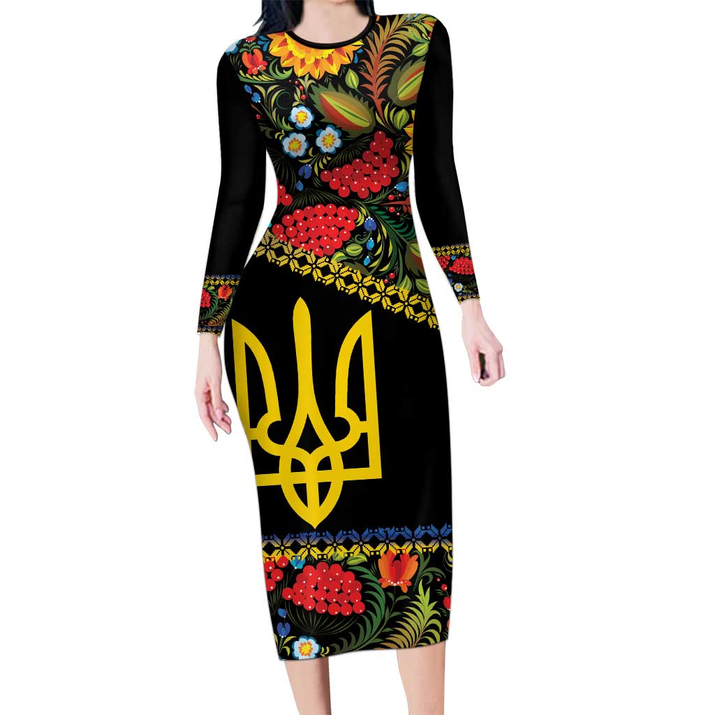 Petrykivka Ukrainian Folk Pattern Long Sleeve Bodycon Dress Golden Trident With Map