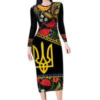 Petrykivka Ukrainian Folk Pattern Long Sleeve Bodycon Dress Golden Trident With Map