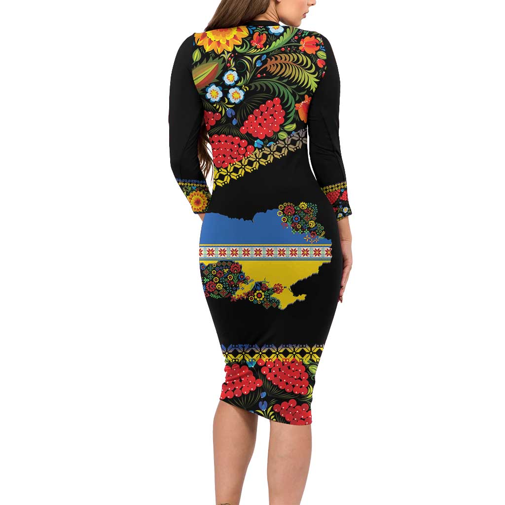 Petrykivka Ukrainian Folk Pattern Long Sleeve Bodycon Dress Golden Trident With Map