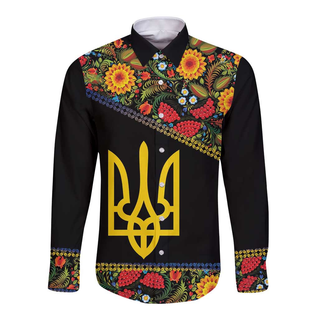 Petrykivka Ukrainian Folk Pattern Long Sleeve Button Shirt Golden Trident With Map