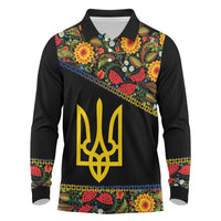 Petrykivka Ukrainian Folk Pattern Long Sleeve Polo Shirt Golden Trident With Map