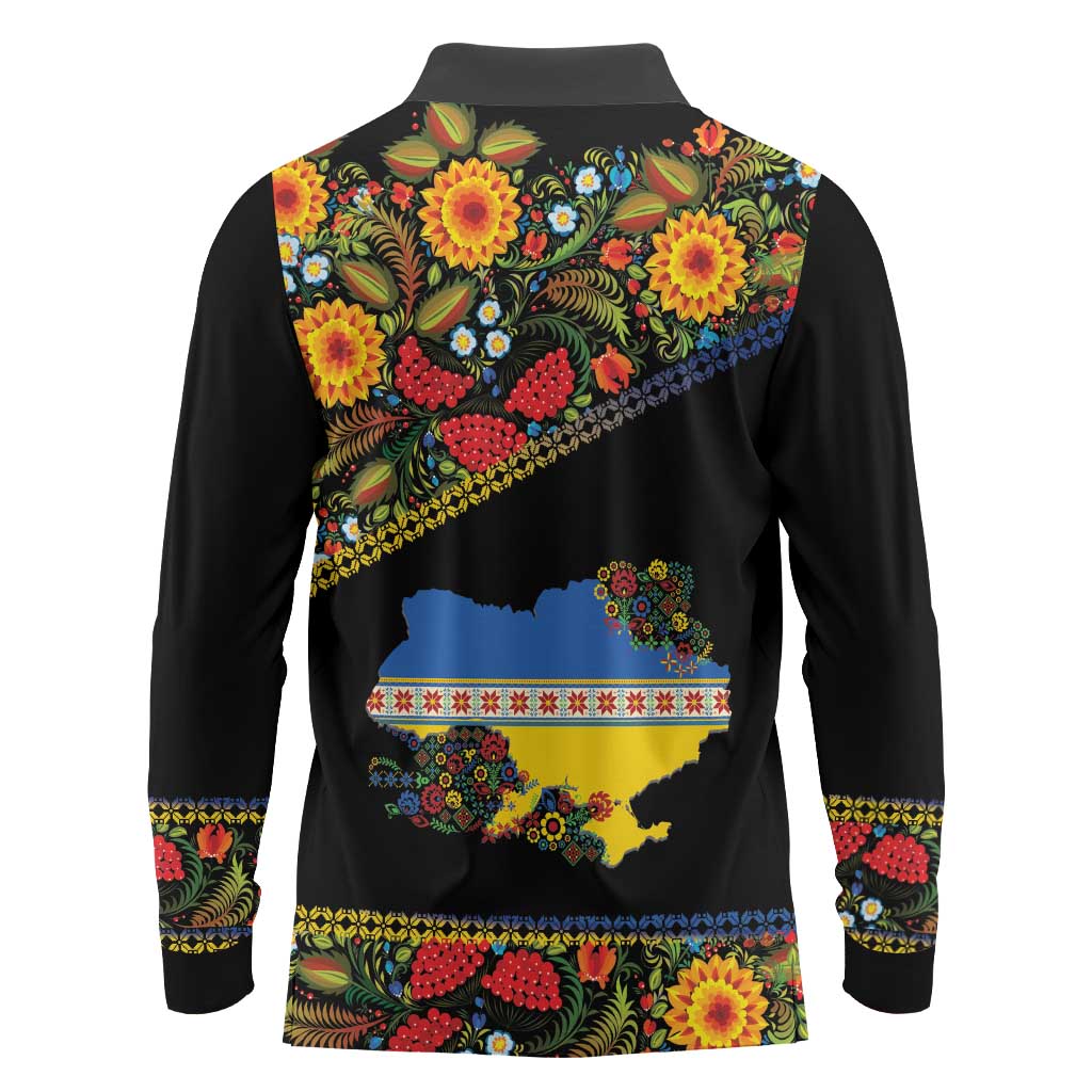 Petrykivka Ukrainian Folk Pattern Long Sleeve Polo Shirt Golden Trident With Map