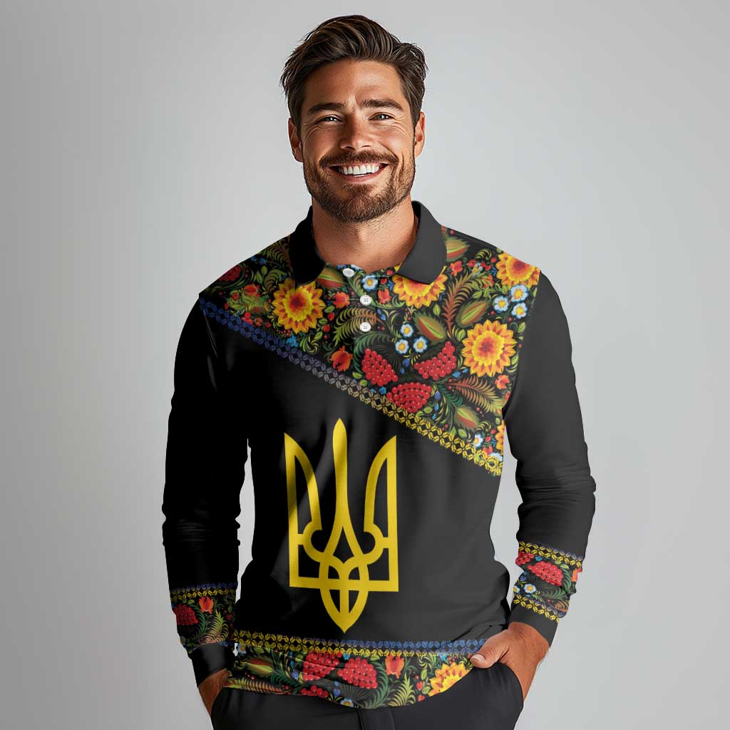 Petrykivka Ukrainian Folk Pattern Long Sleeve Polo Shirt Golden Trident With Map