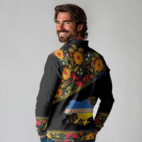 Petrykivka Ukrainian Folk Pattern Long Sleeve Polo Shirt Golden Trident With Map