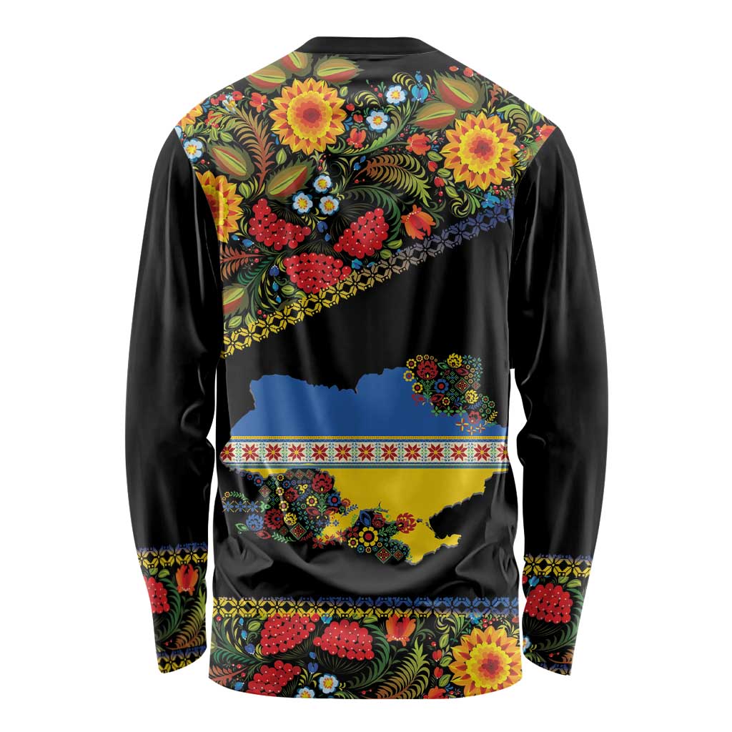 Petrykivka Ukrainian Folk Pattern Long Sleeve Shirt Golden Trident With Map