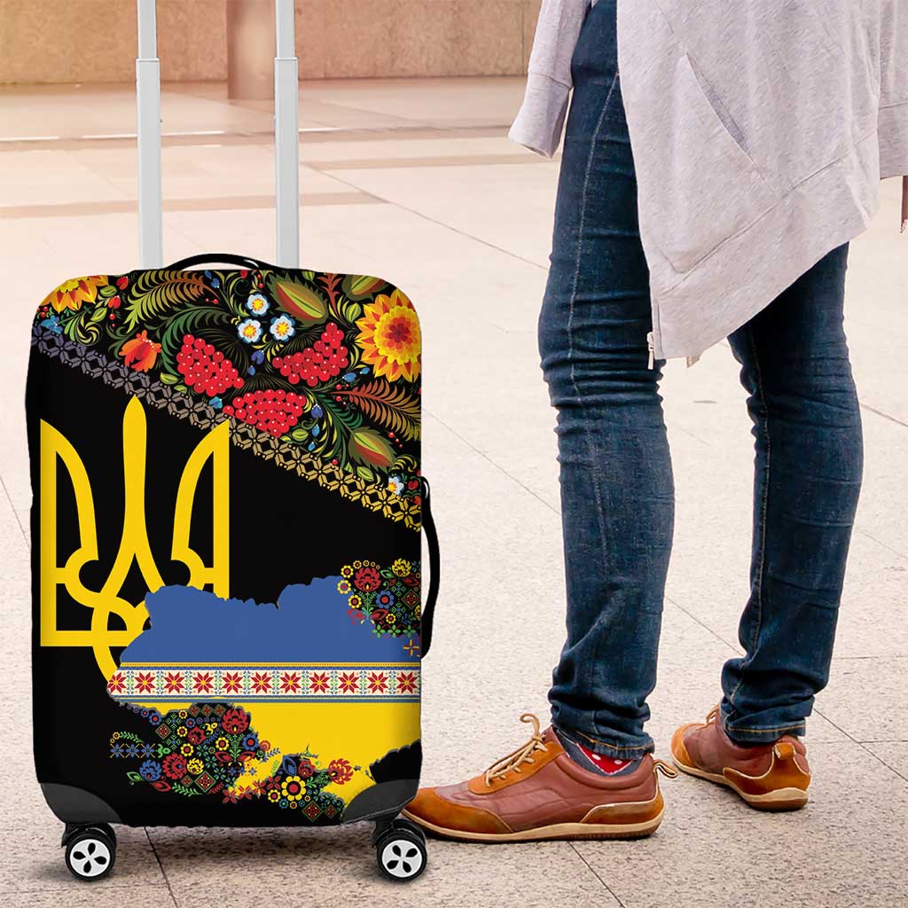 Petrykivka Ukrainian Folk Pattern Luggage Cover Golden Trident With Map