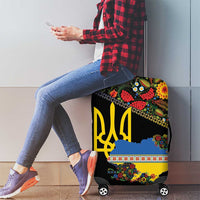 Petrykivka Ukrainian Folk Pattern Luggage Cover Golden Trident With Map