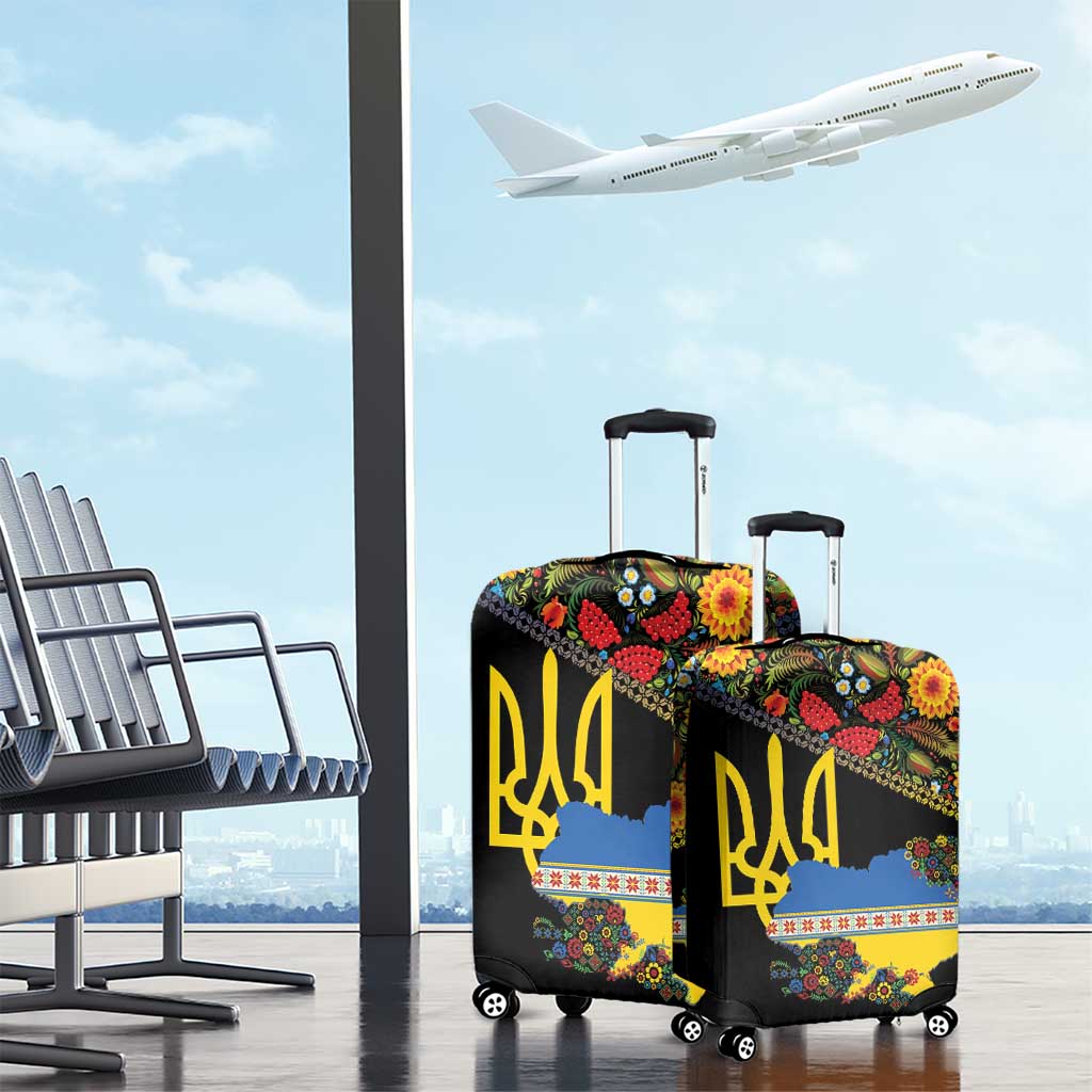 Petrykivka Ukrainian Folk Pattern Luggage Cover Golden Trident With Map