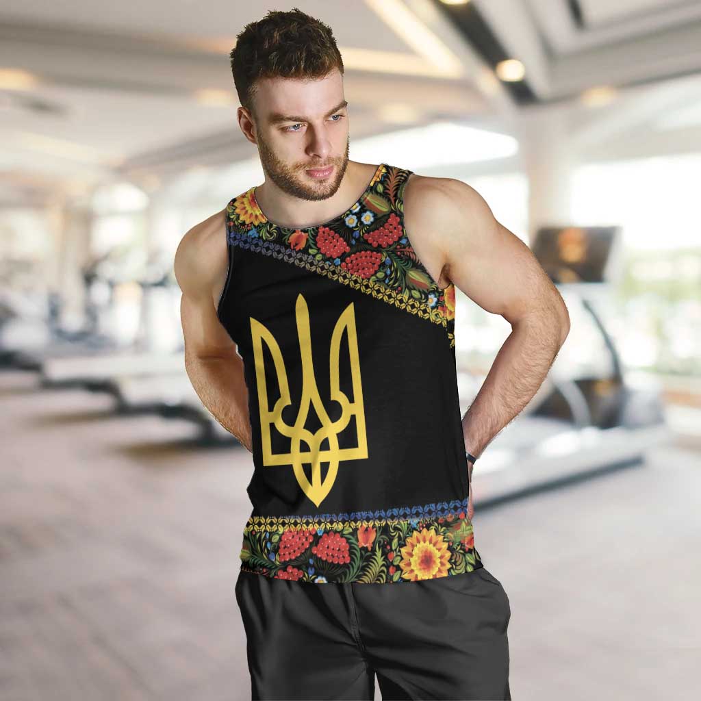 Petrykivka Ukrainian Folk Pattern Men Tank Top Golden Trident With Map