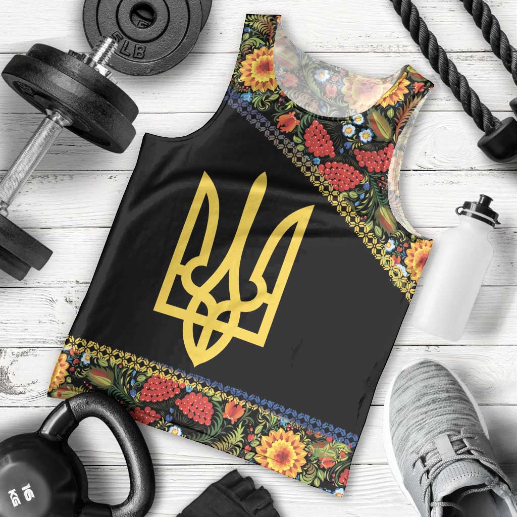 Petrykivka Ukrainian Folk Pattern Men Tank Top Golden Trident With Map