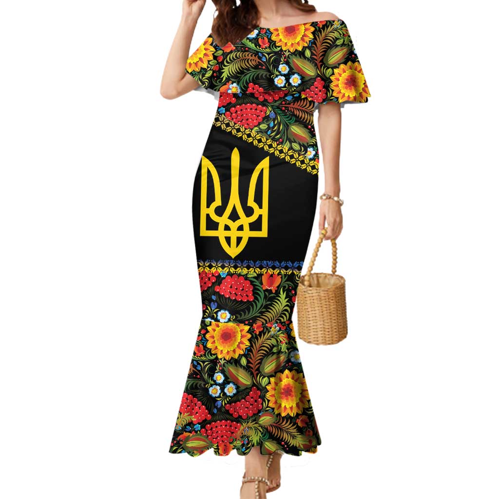 Petrykivka Ukrainian Folk Pattern Mermaid Dress Golden Trident With Map