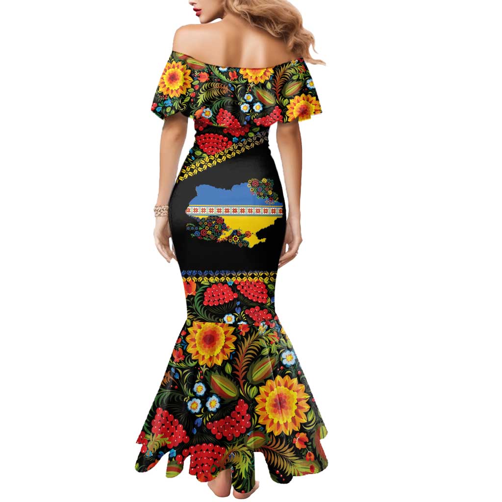 Petrykivka Ukrainian Folk Pattern Mermaid Dress Golden Trident With Map