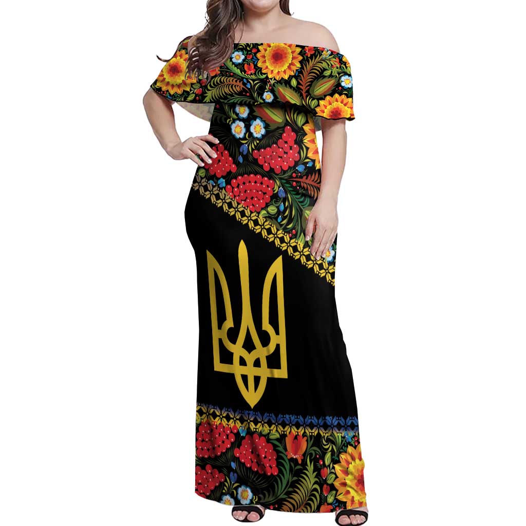 Petrykivka Ukrainian Folk Pattern Off Shoulder Maxi Dress Golden Trident With Map