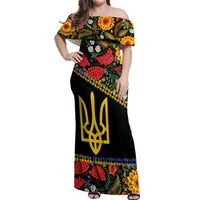 Petrykivka Ukrainian Folk Pattern Off Shoulder Maxi Dress Golden Trident With Map
