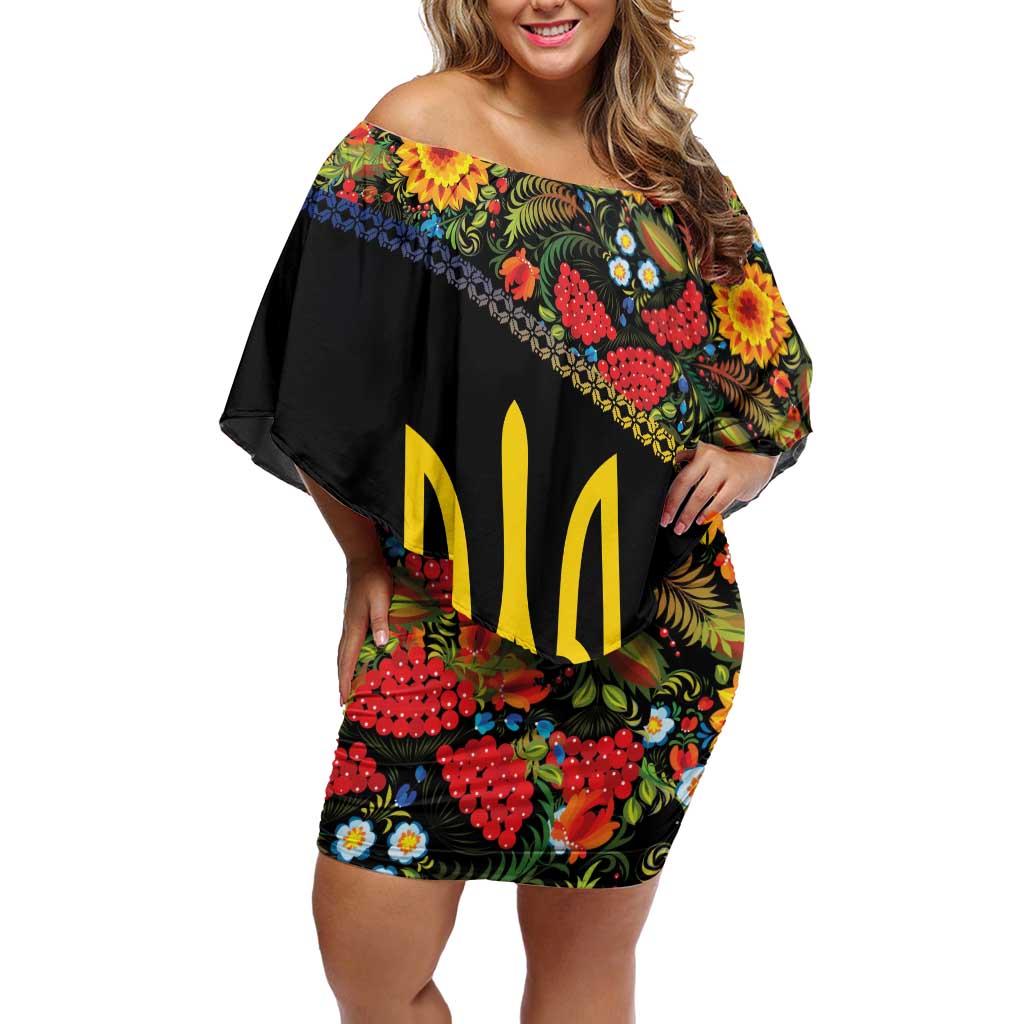 Petrykivka Ukrainian Folk Pattern Off Shoulder Short Dress Golden Trident With Map