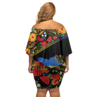 Petrykivka Ukrainian Folk Pattern Off Shoulder Short Dress Golden Trident With Map