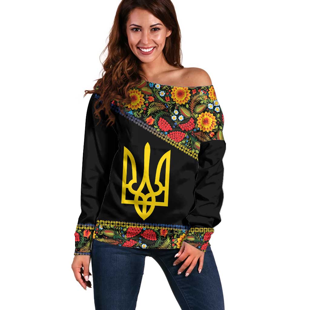 Petrykivka Ukrainian Folk Pattern Off Shoulder Sweater Golden Trident With Map