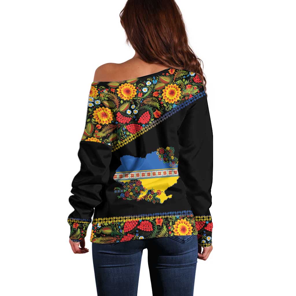 Petrykivka Ukrainian Folk Pattern Off Shoulder Sweater Golden Trident With Map