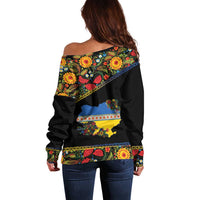 Petrykivka Ukrainian Folk Pattern Off Shoulder Sweater Golden Trident With Map