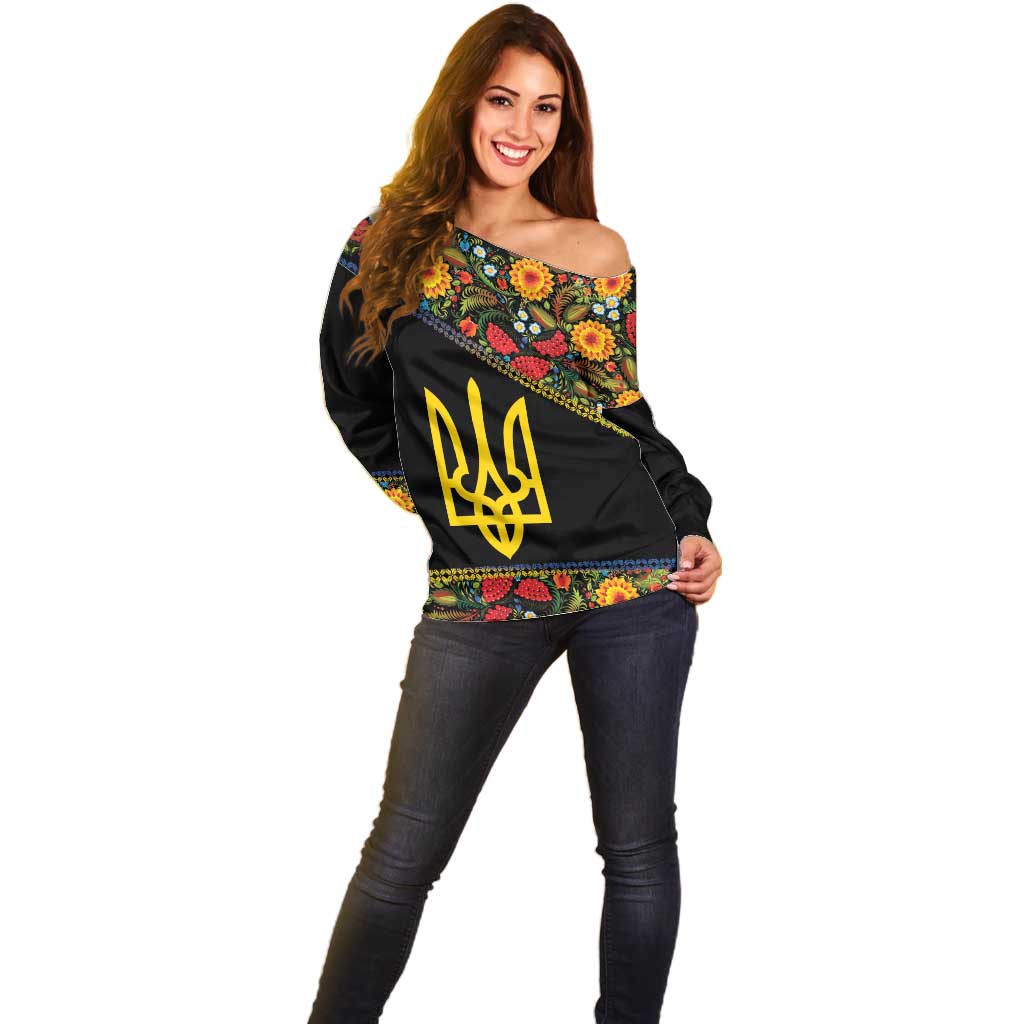 Petrykivka Ukrainian Folk Pattern Off Shoulder Sweater Golden Trident With Map