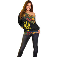 Petrykivka Ukrainian Folk Pattern Off Shoulder Sweater Golden Trident With Map