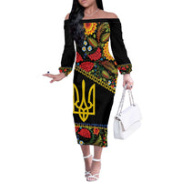 Petrykivka Ukrainian Folk Pattern Off The Shoulder Long Sleeve Dress Golden Trident With Map