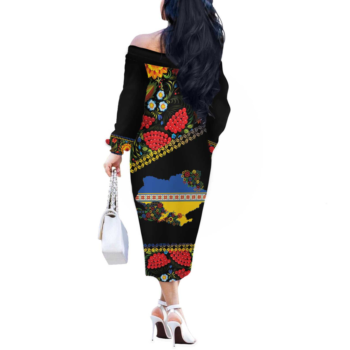 Petrykivka Ukrainian Folk Pattern Off The Shoulder Long Sleeve Dress Golden Trident With Map