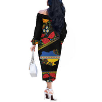 Petrykivka Ukrainian Folk Pattern Off The Shoulder Long Sleeve Dress Golden Trident With Map