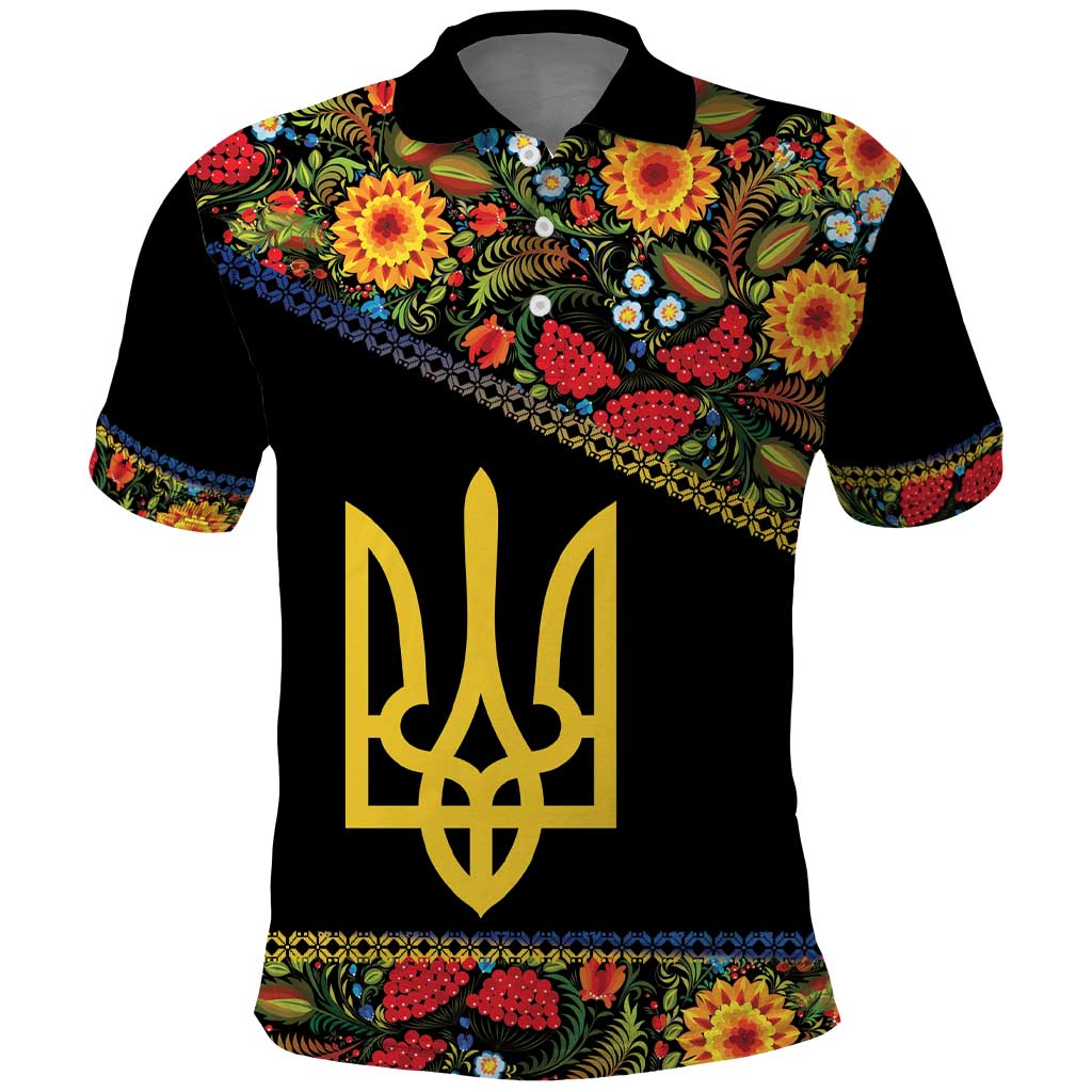 Petrykivka Ukrainian Folk Pattern Polo Shirt Golden Trident With Map