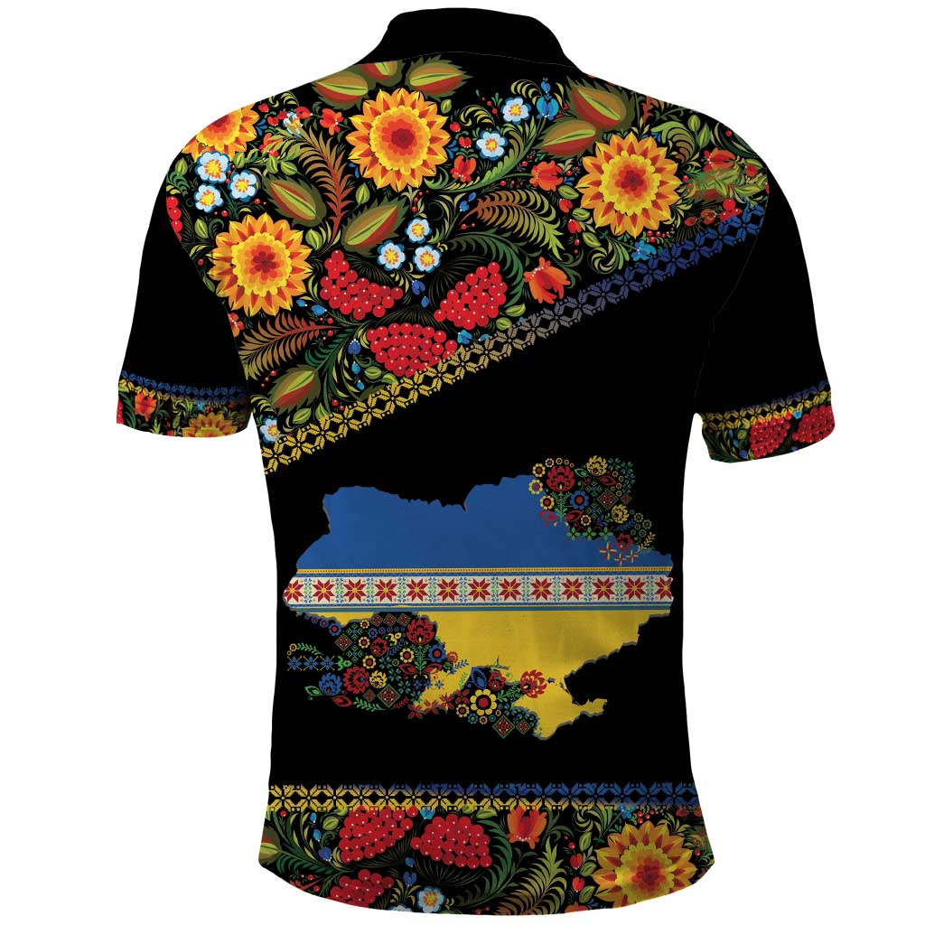Petrykivka Ukrainian Folk Pattern Polo Shirt Golden Trident With Map