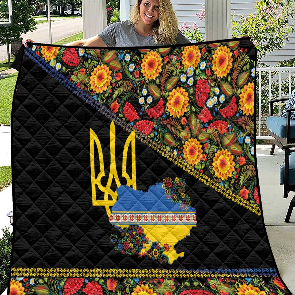 Petrykivka Ukrainian Folk Pattern Quilt Golden Trident With Map