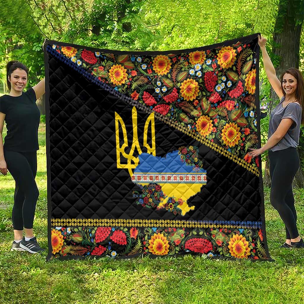 Petrykivka Ukrainian Folk Pattern Quilt Golden Trident With Map