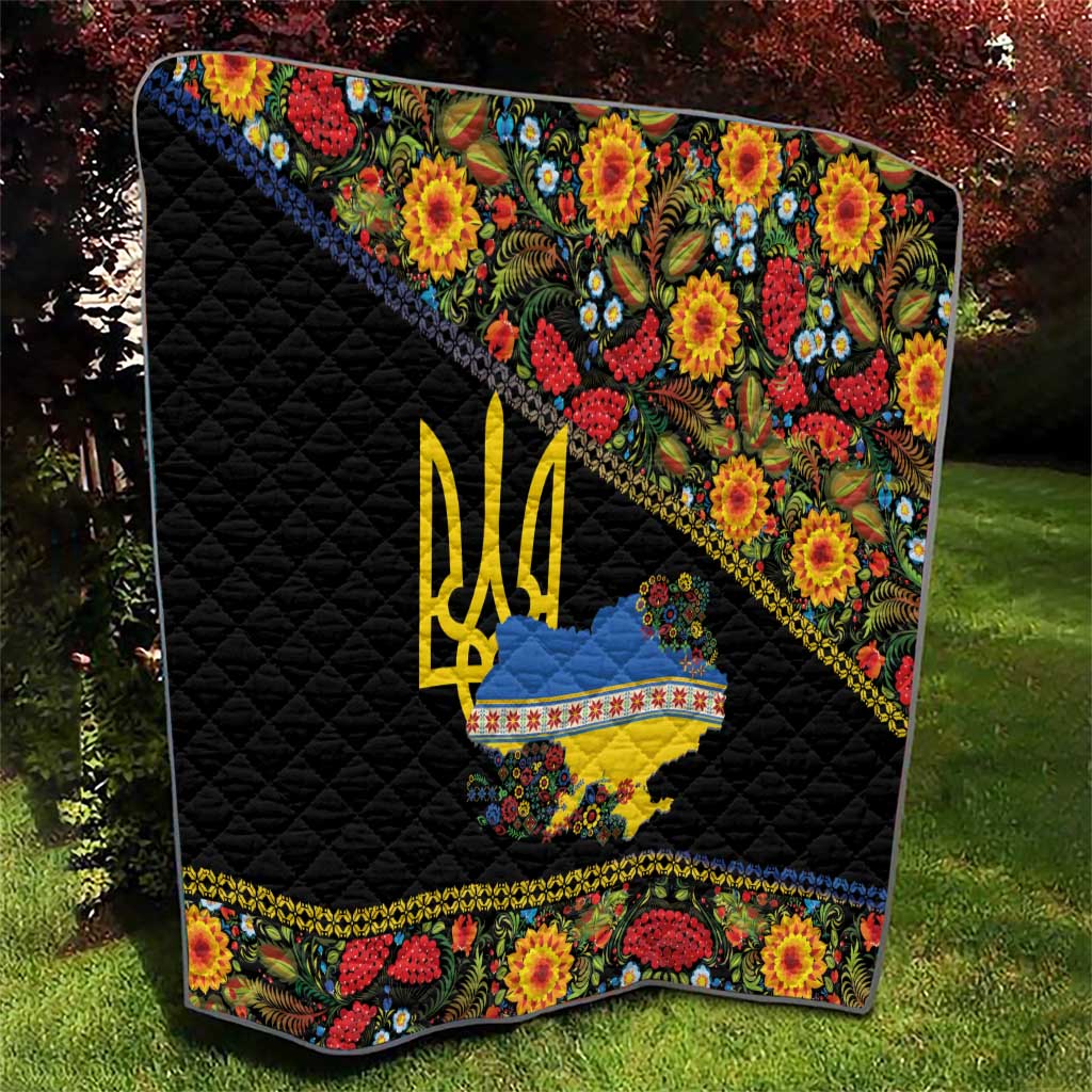 Petrykivka Ukrainian Folk Pattern Quilt Golden Trident With Map