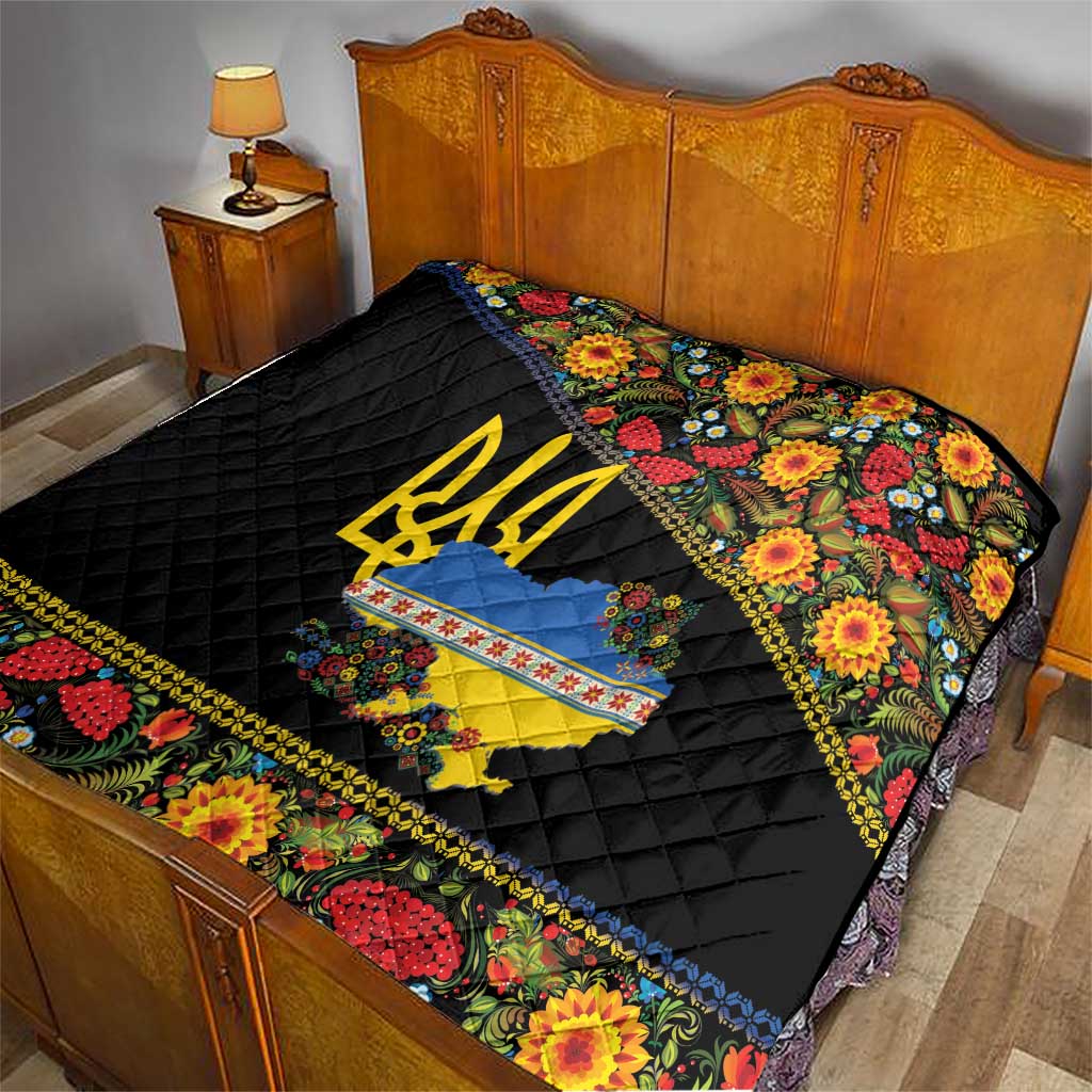 Petrykivka Ukrainian Folk Pattern Quilt Golden Trident With Map