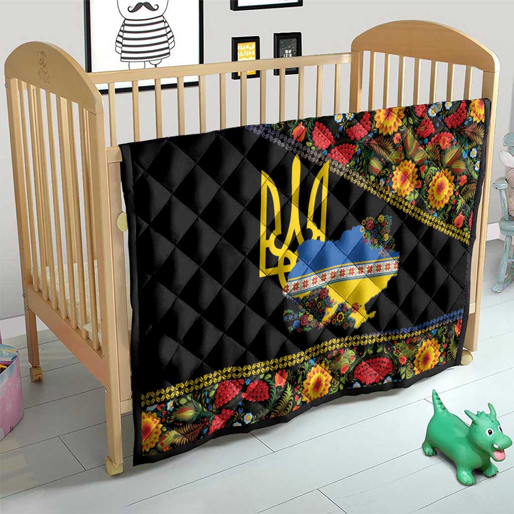 Petrykivka Ukrainian Folk Pattern Quilt Golden Trident With Map