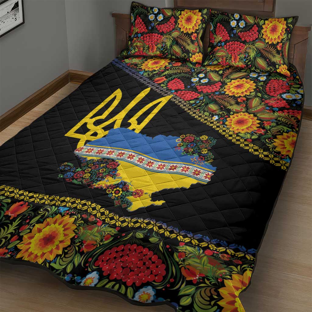 Petrykivka Ukrainian Folk Pattern Quilt Bed Set Golden Trident With Map