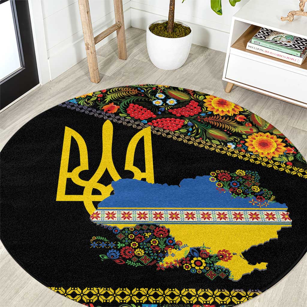 Petrykivka Ukrainian Folk Pattern Round Carpet Golden Trident With Map