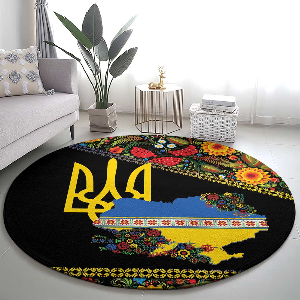 Petrykivka Ukrainian Folk Pattern Round Carpet Golden Trident With Map