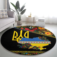 Petrykivka Ukrainian Folk Pattern Round Carpet Golden Trident With Map