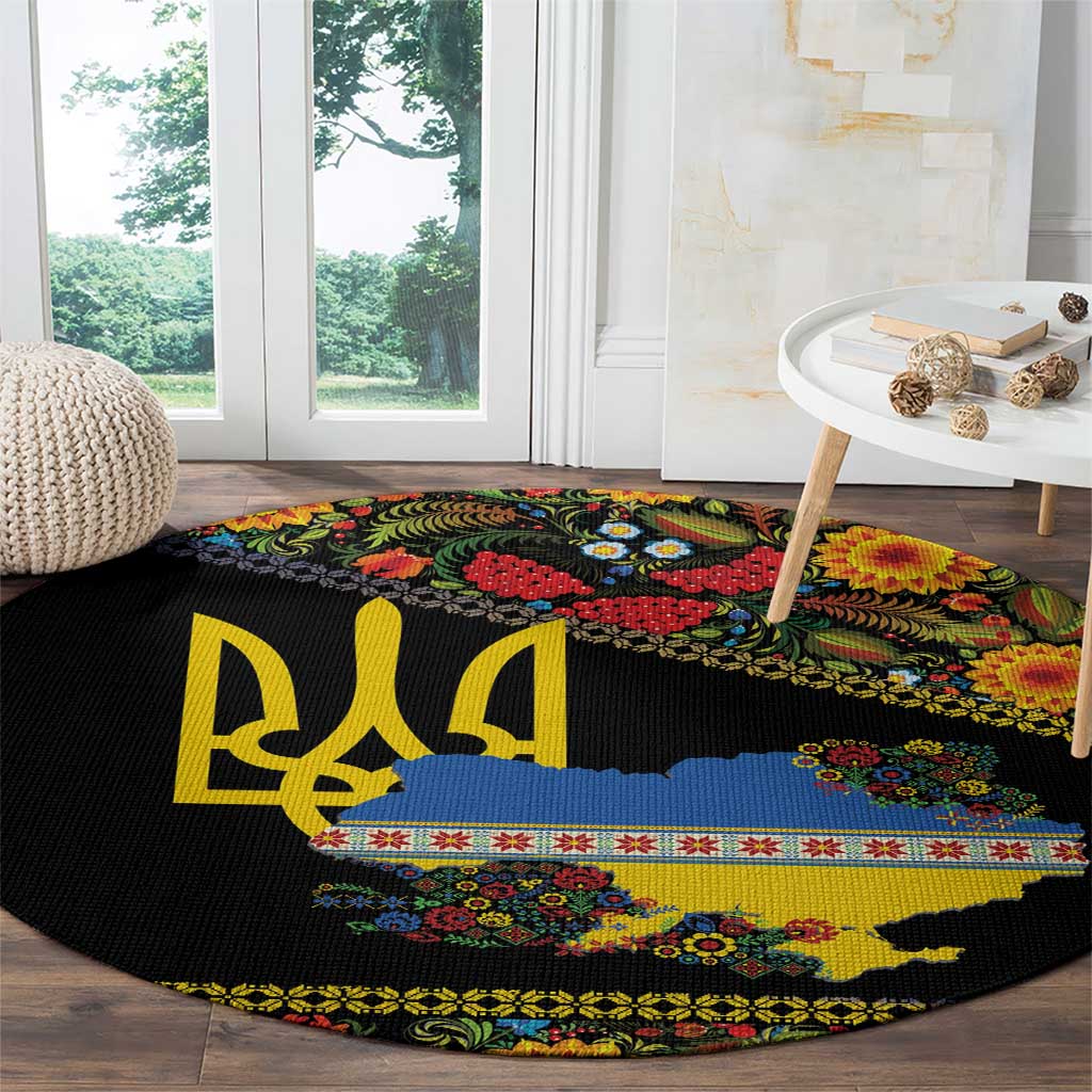 Petrykivka Ukrainian Folk Pattern Round Carpet Golden Trident With Map