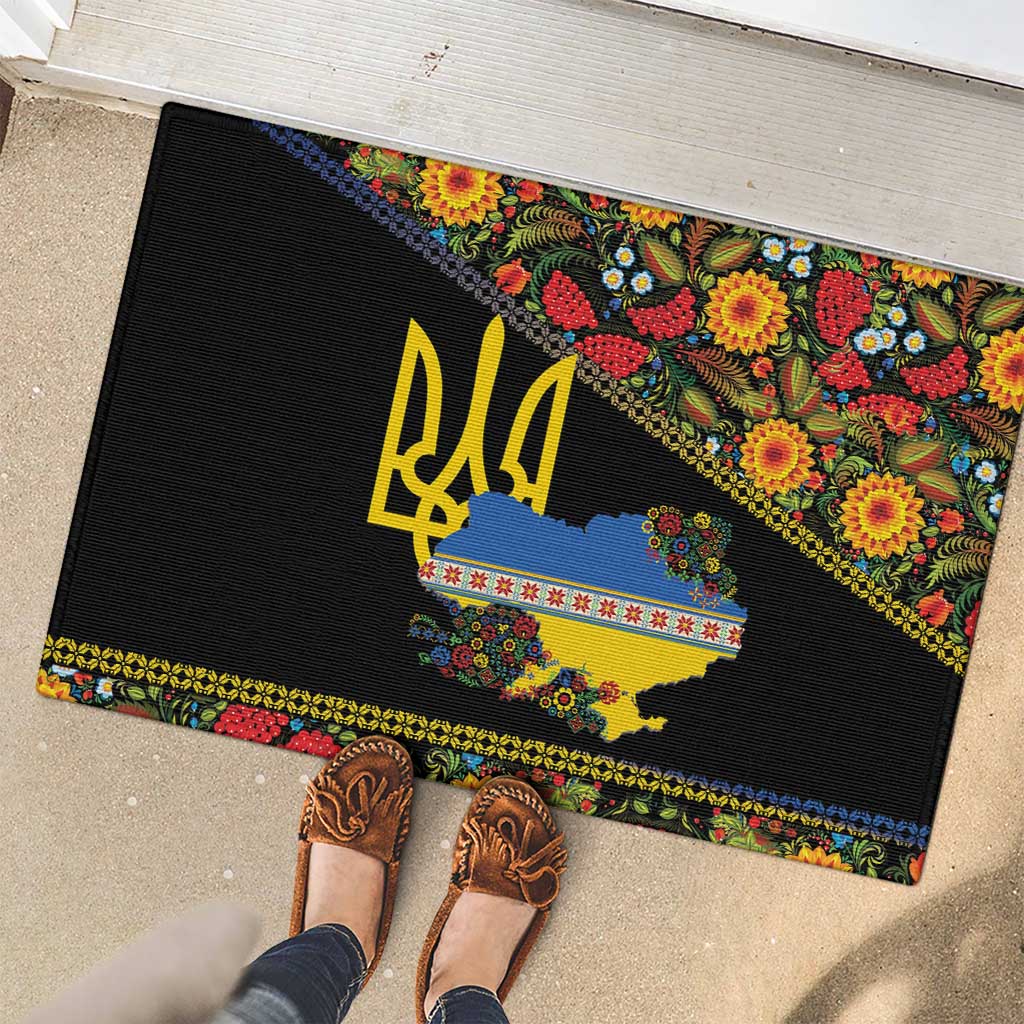 Petrykivka Ukrainian Folk Pattern Rubber Doormat Golden Trident With Map