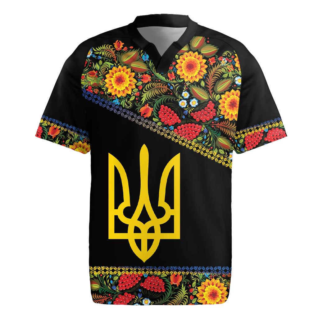 Petrykivka Ukrainian Folk Pattern Rugby Jersey Golden Trident With Map