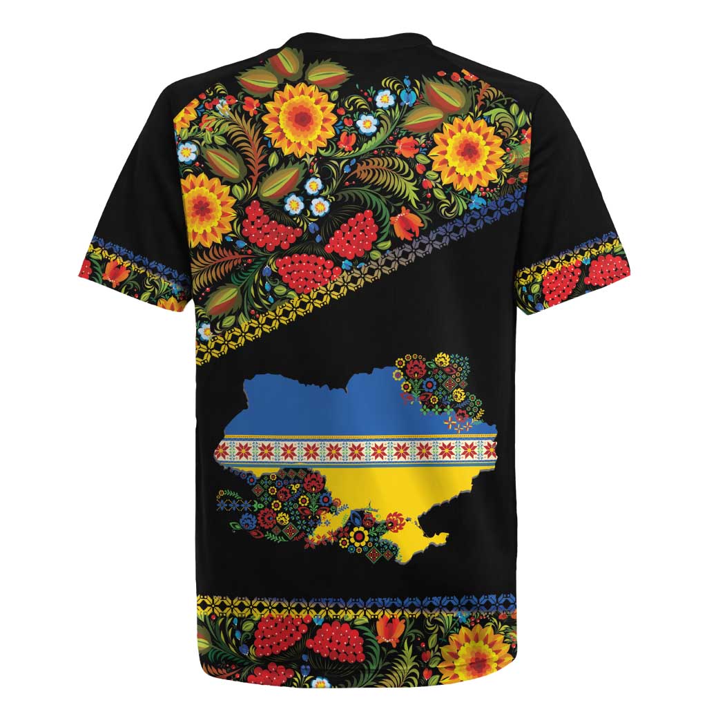 Petrykivka Ukrainian Folk Pattern Rugby Jersey Golden Trident With Map