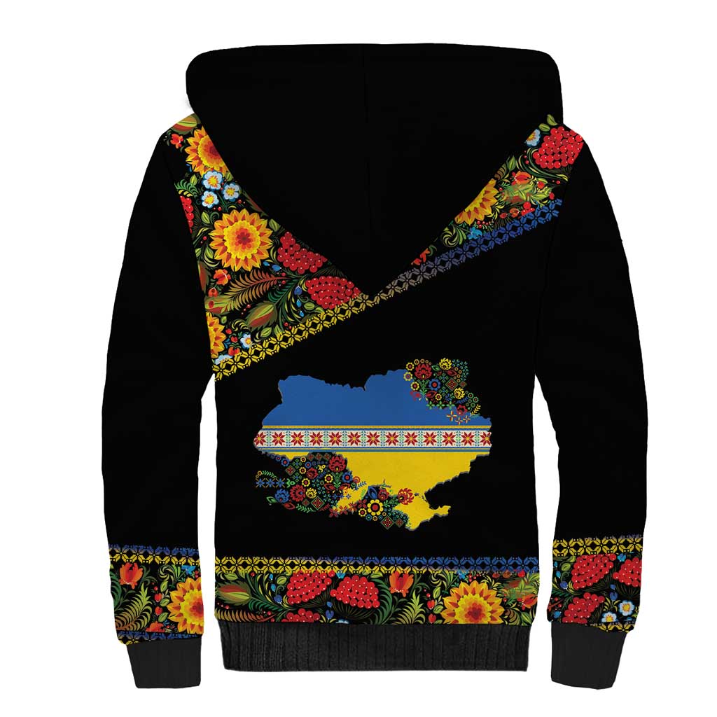 Petrykivka Ukrainian Folk Pattern Sherpa Hoodie Golden Trident With Map