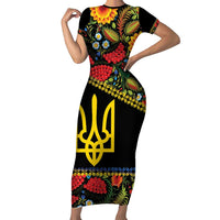 Petrykivka Ukrainian Folk Pattern Short Sleeve Bodycon Dress Golden Trident With Map