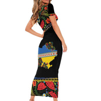 Petrykivka Ukrainian Folk Pattern Short Sleeve Bodycon Dress Golden Trident With Map